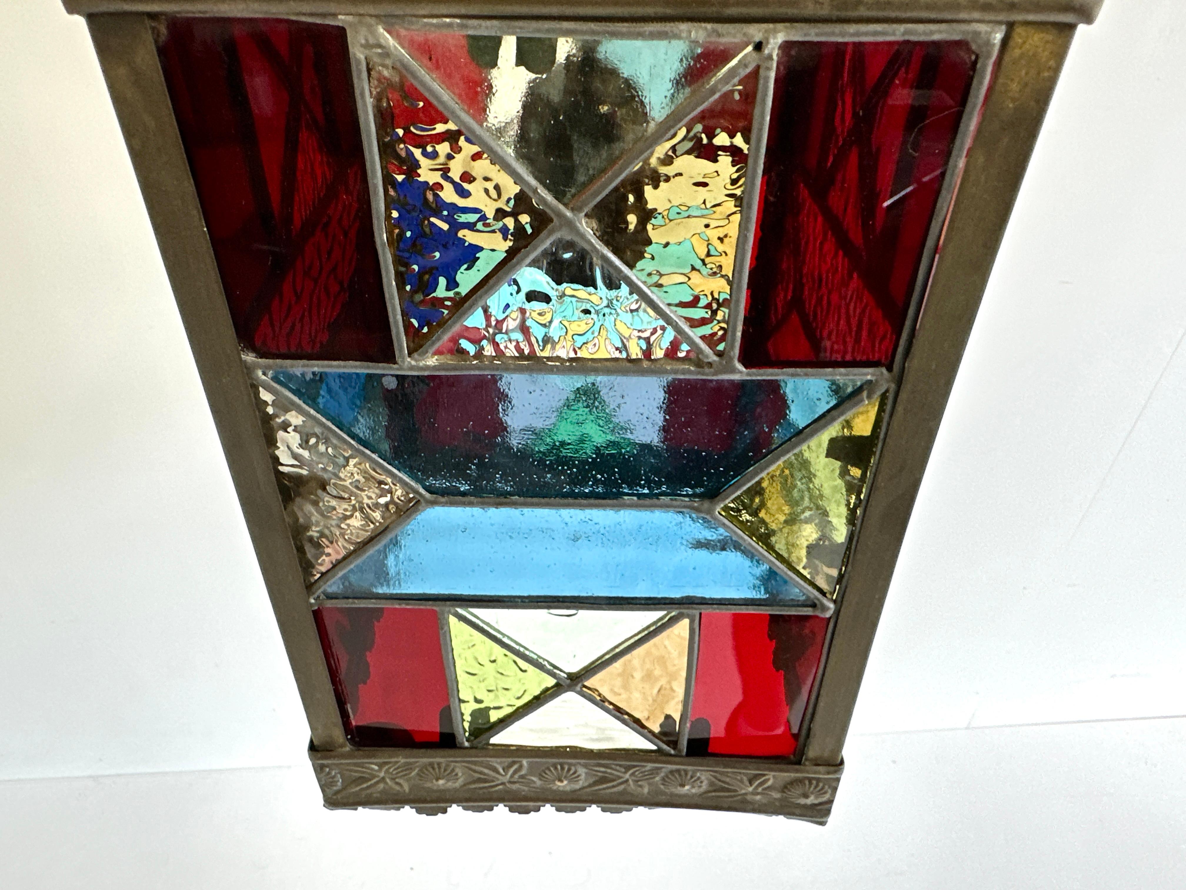 Arts and Crafts Dutch 1920 art deco stained glass arts & crafts lantern light pendant hallway  For Sale