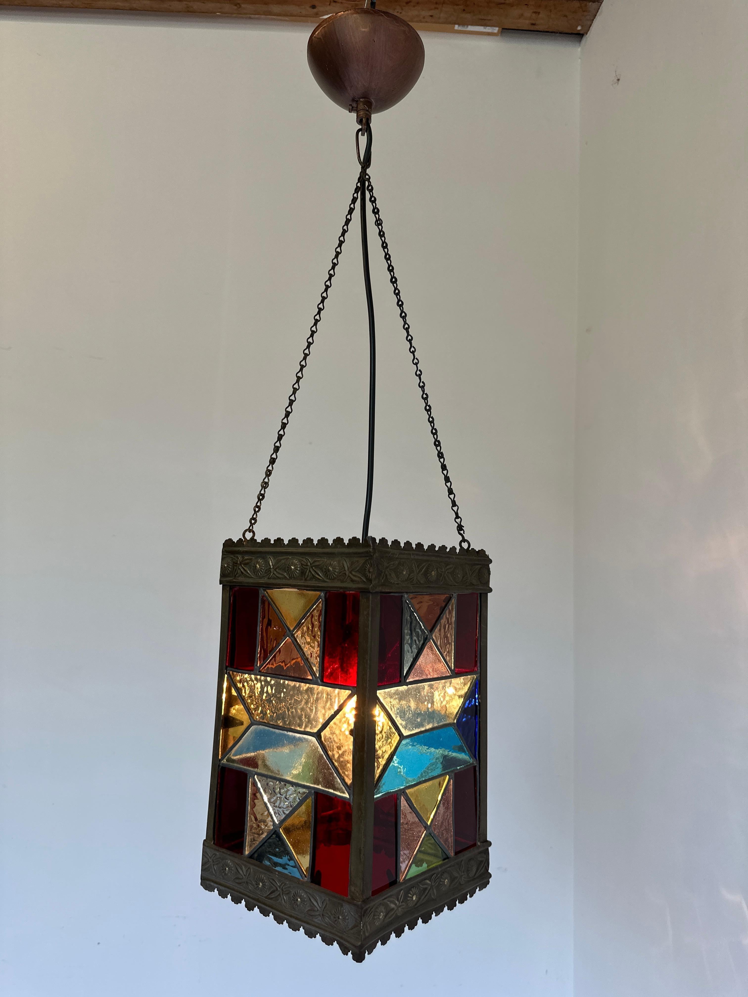 Early 20th Century Dutch 1920 art deco stained glass arts & crafts lantern light pendant hallway  For Sale