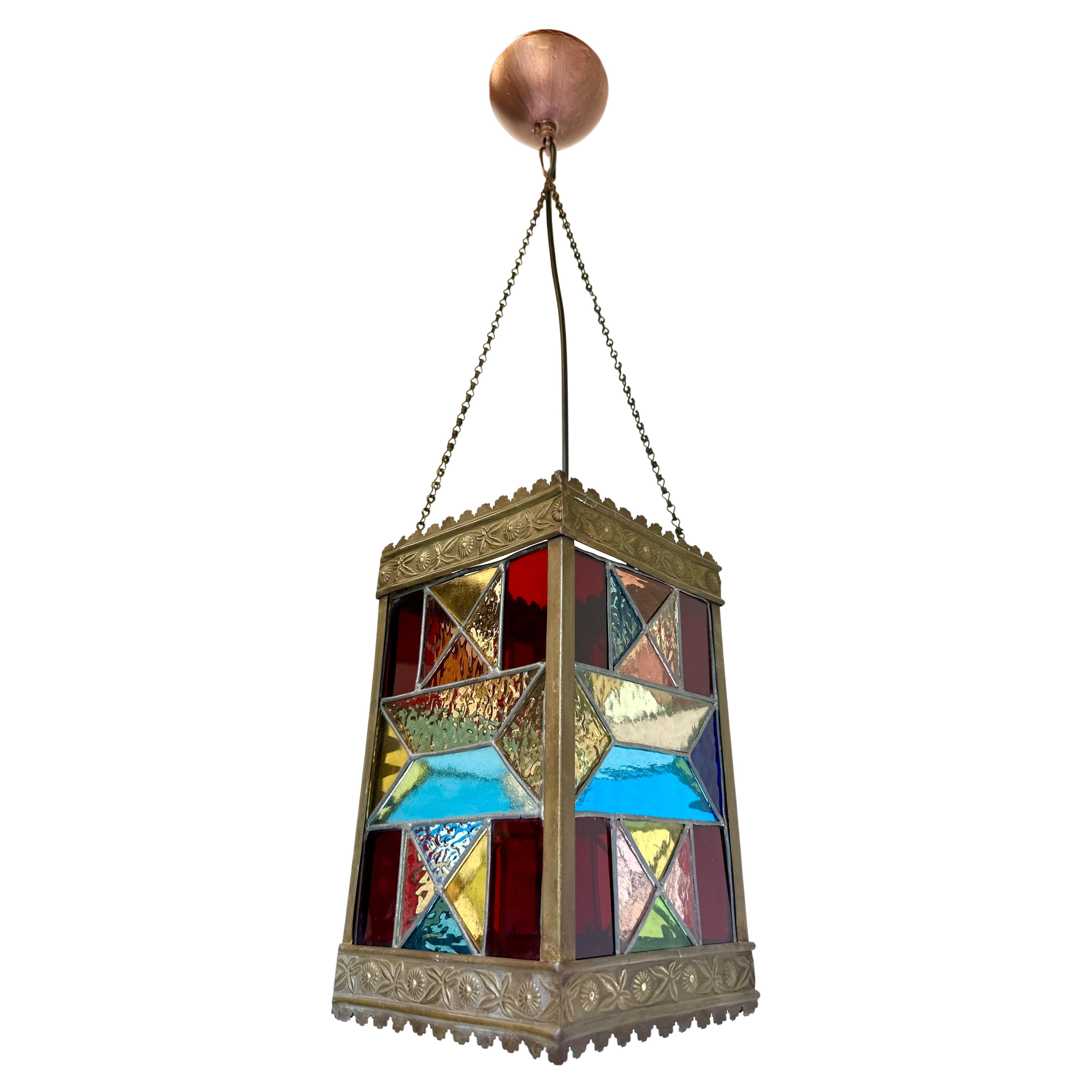 Dutch 1920 art deco stained glass arts & crafts lantern light pendant hallway  For Sale