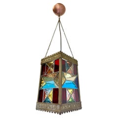 Dutch 1920 art deco stained glass arts & crafts lantern light pendant hallway