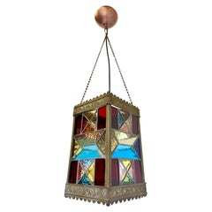 Antique Dutch 1920 art deco stained glass arts & crafts lantern light pendant hallway 