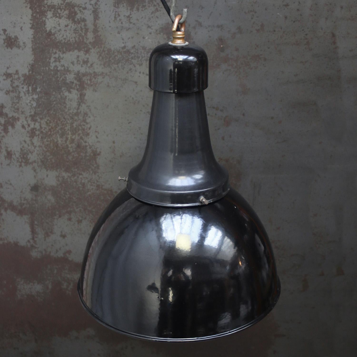 20th Century Dutch 1920s Black Enamel Vintage Industrial Pendant Light For Sale
