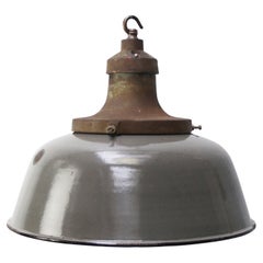 Antique Dutch 1920s Grey Brown Enamel Cast Iron Garage Workshop Pendant Lights