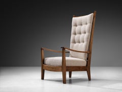 Dutch 1940s Lounge Chair in Solid Oak with Reupholstered Creme Cushions