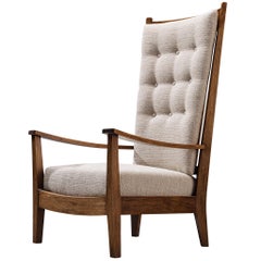 Dutch 1940s Lounge Chair in Solid Oak with Reupholstered Creme Cushions
