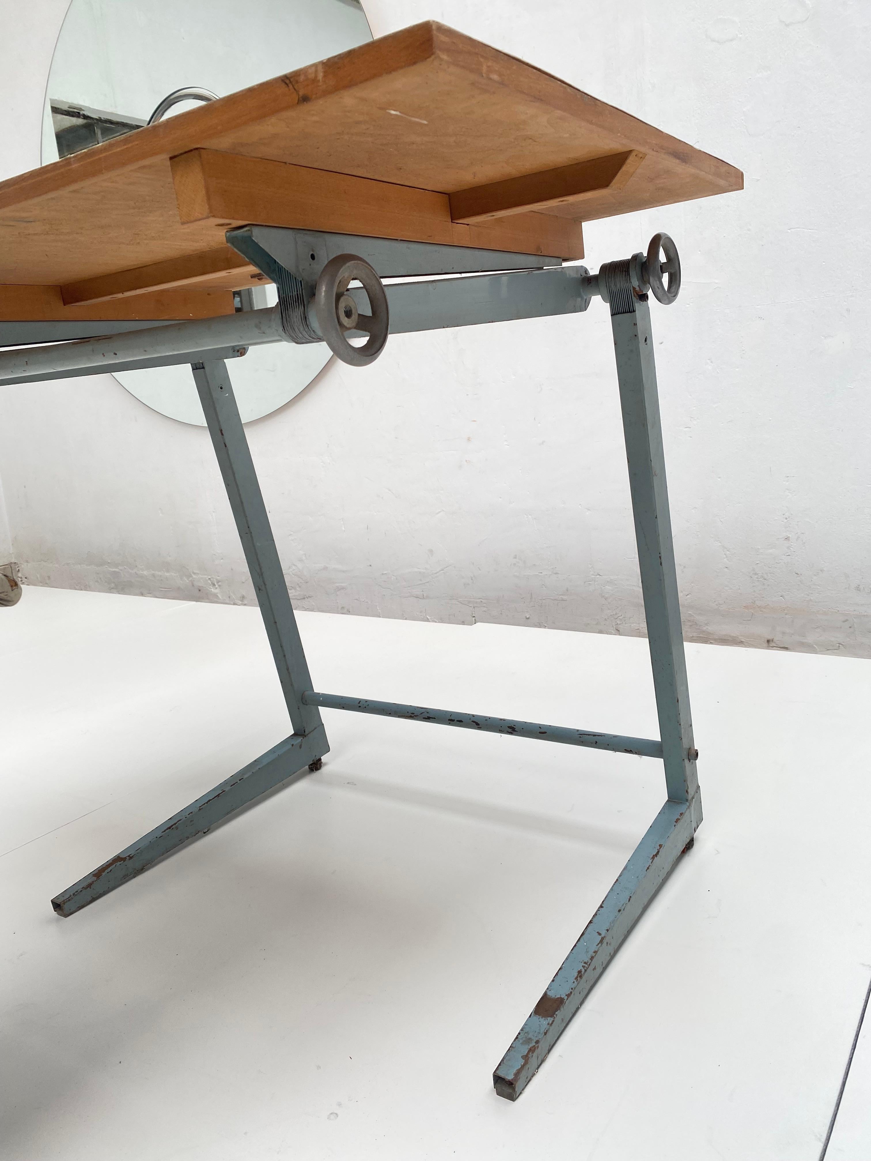 Dutch 1950's Industrial Drafting Table with Working Stool by Friso Kramer 10