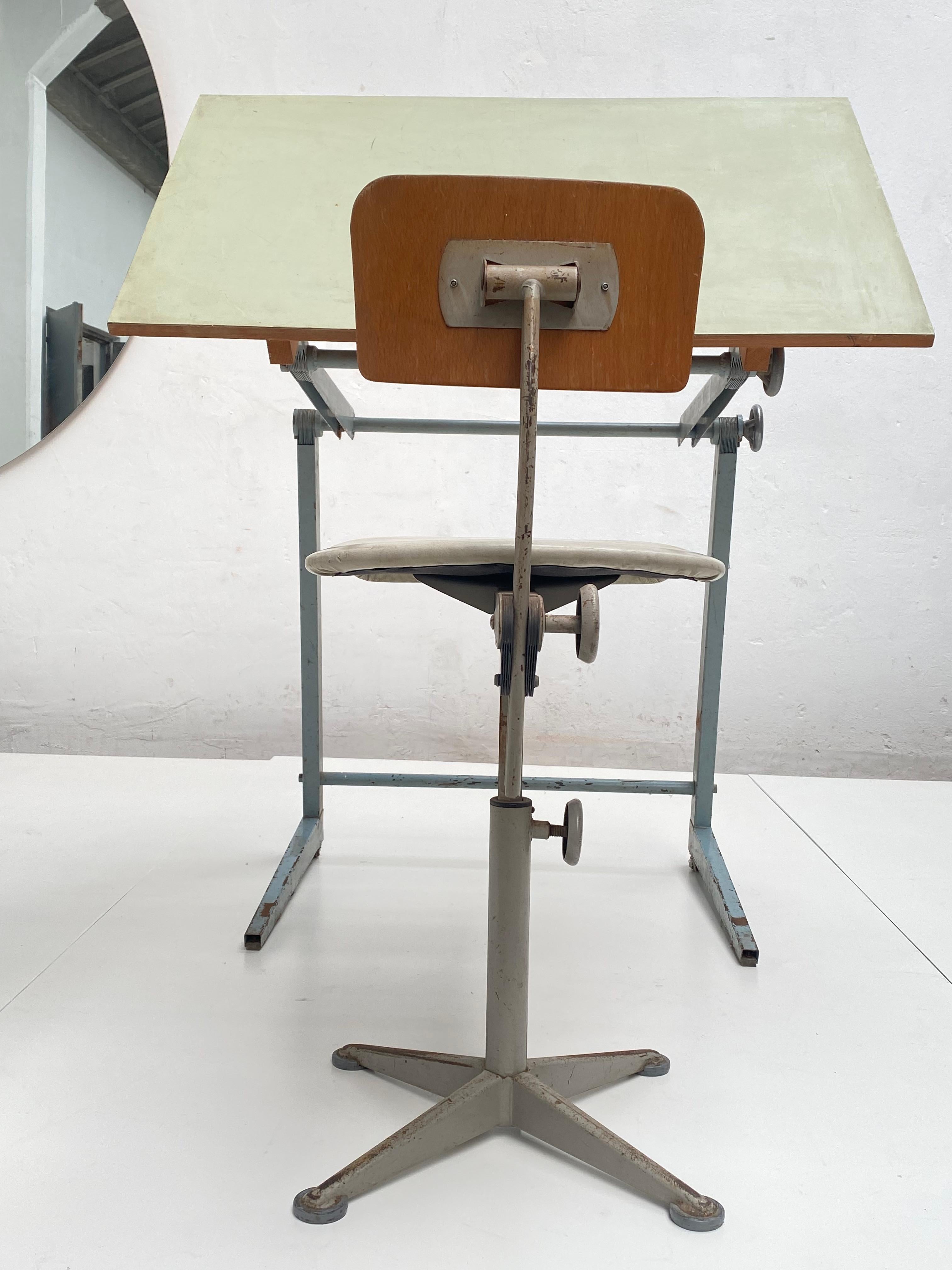 Cast Dutch 1950's Industrial Drafting Table with Working Stool by Friso Kramer
