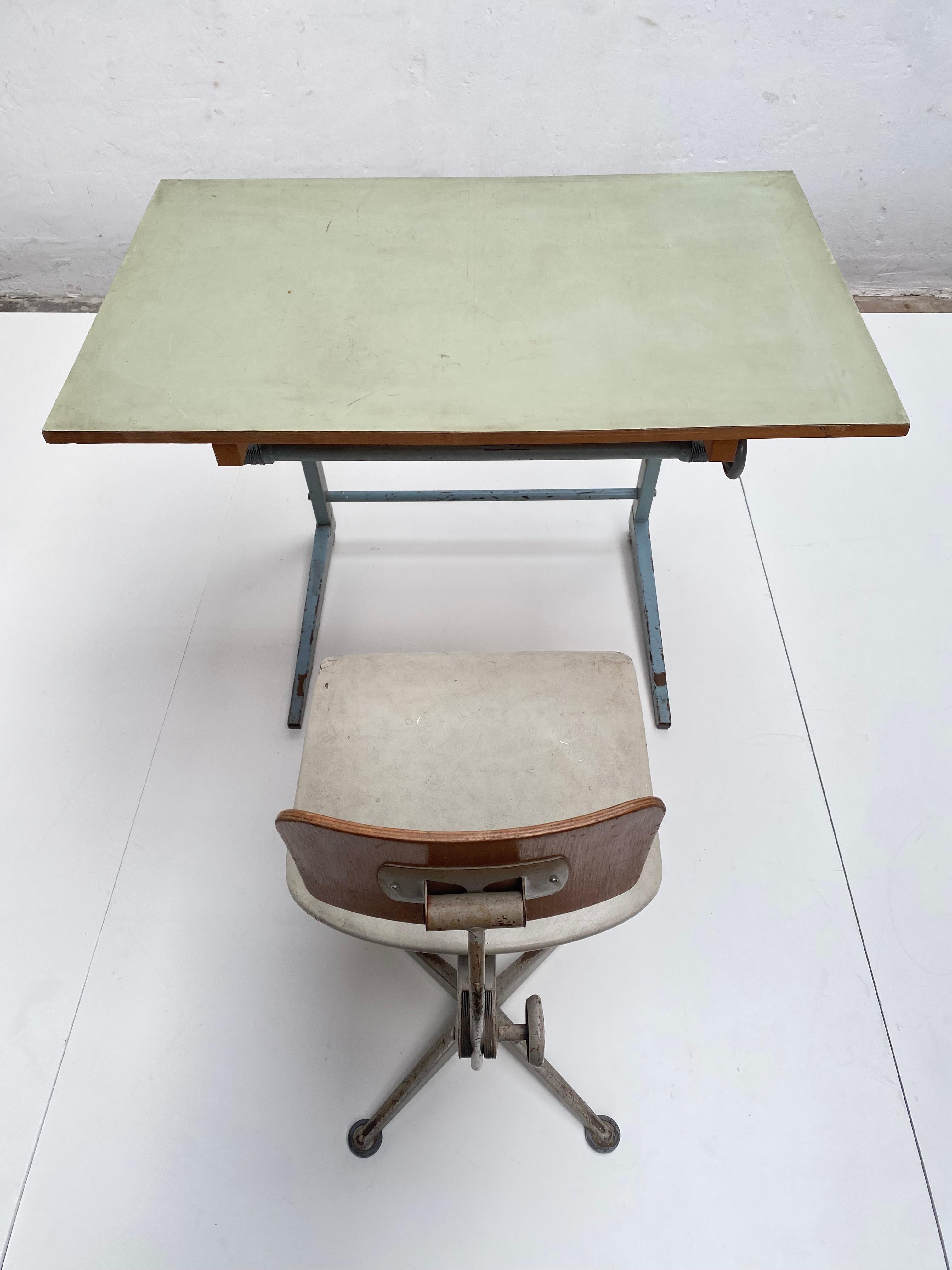 Mid-20th Century Dutch 1950's Industrial Drafting Table with Working Stool by Friso Kramer