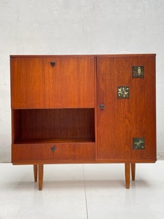 Dutch 1950's Teak Wood Cabinet Featuring Artisan Made Pottery Studio RAM Arnhem