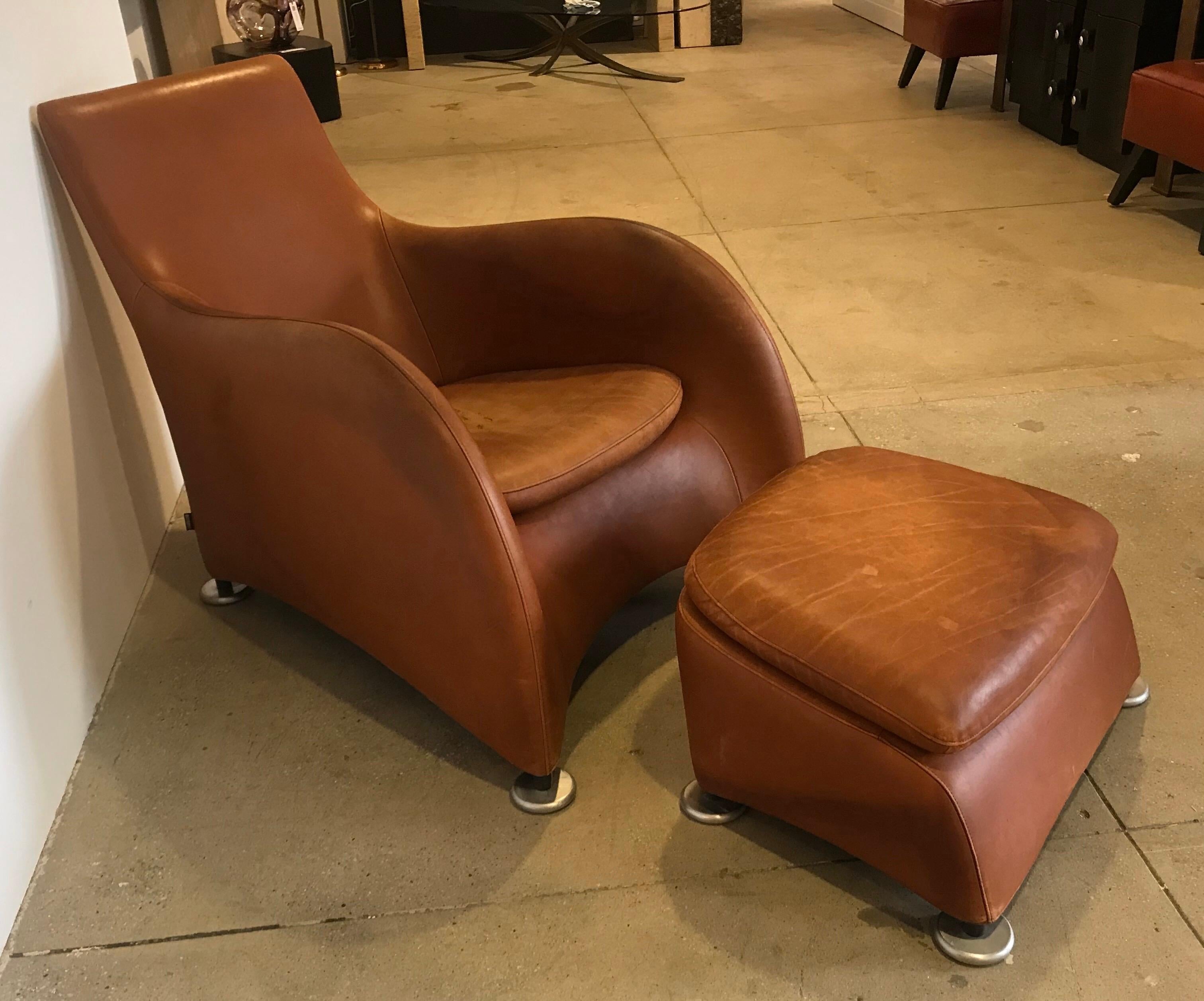 Dutch 1990s Montis Leather Lounge Chair and Ottoman 1