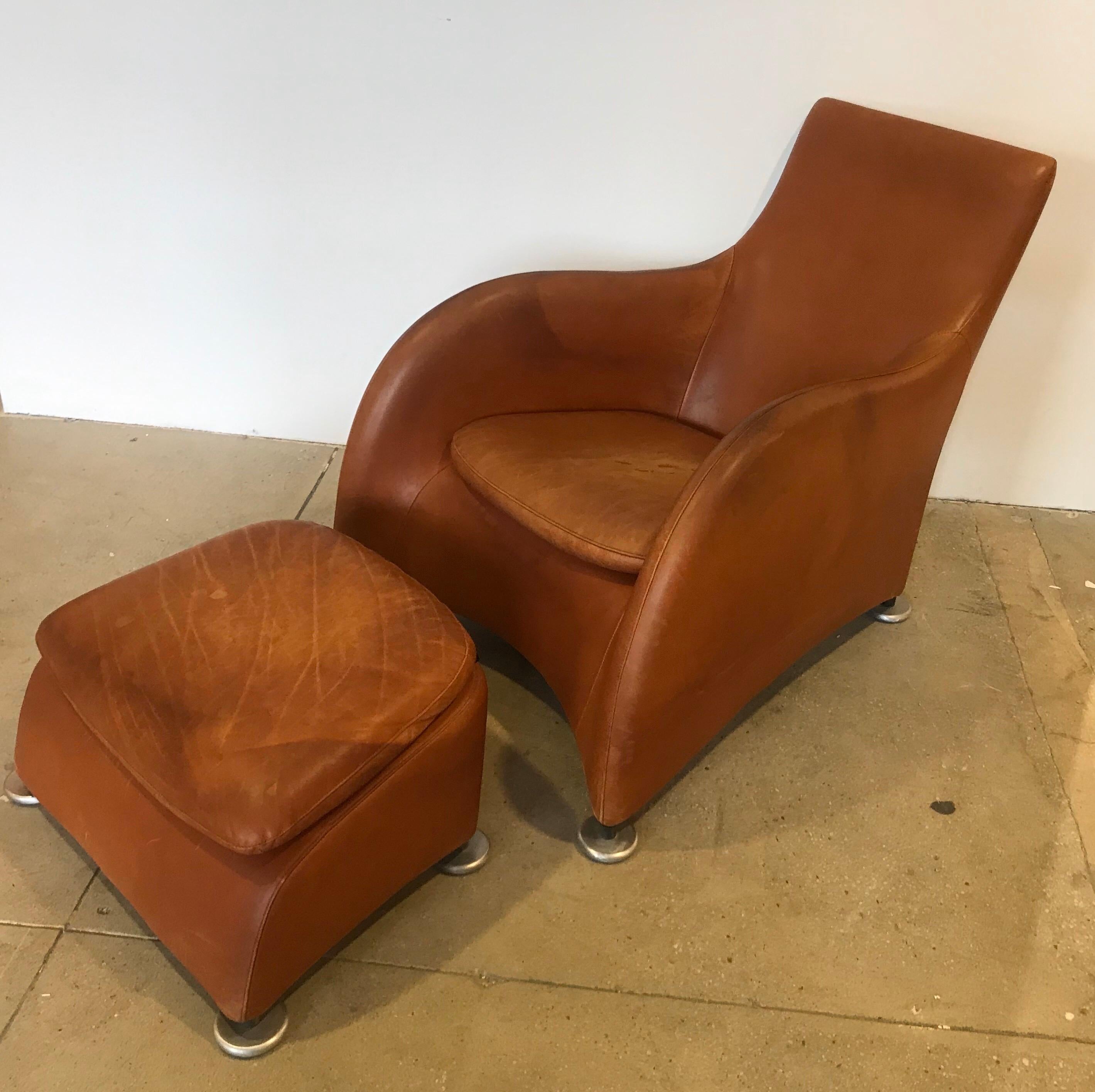 Late 20th Century Dutch 1990s Montis Leather Lounge Chair and Ottoman