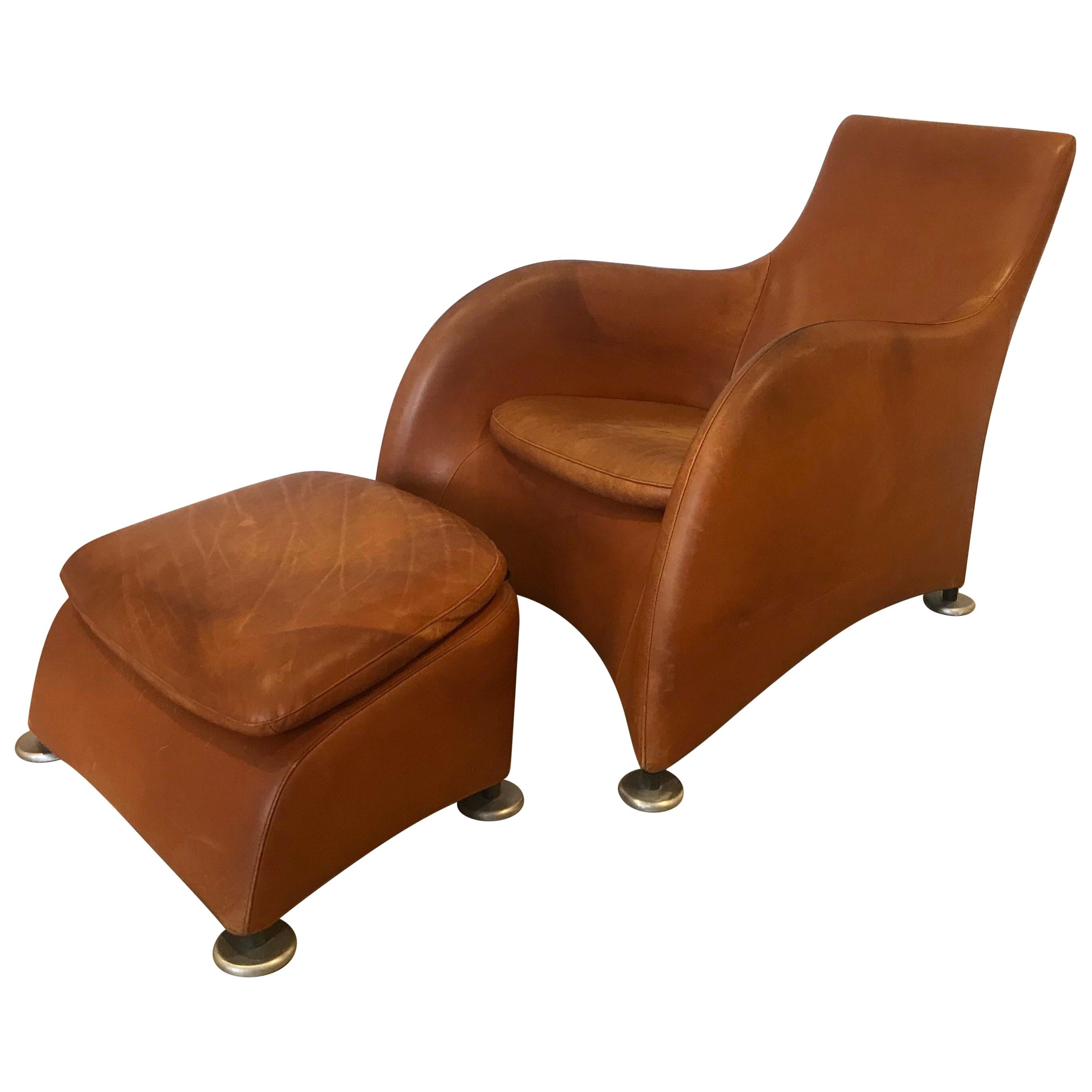 Dutch 1990s Montis Leather Lounge Chair and Ottoman