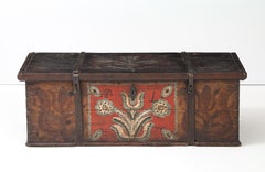 Baule portaoggetti olandese del XIX secolo dipinto a mano con tulipani rossi