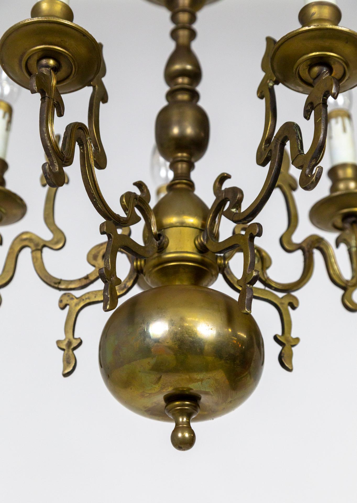 Dutch Colonial Dutch 19th Cent. 5-Light Brass Chandelier w/ Flame Detailing For Sale
