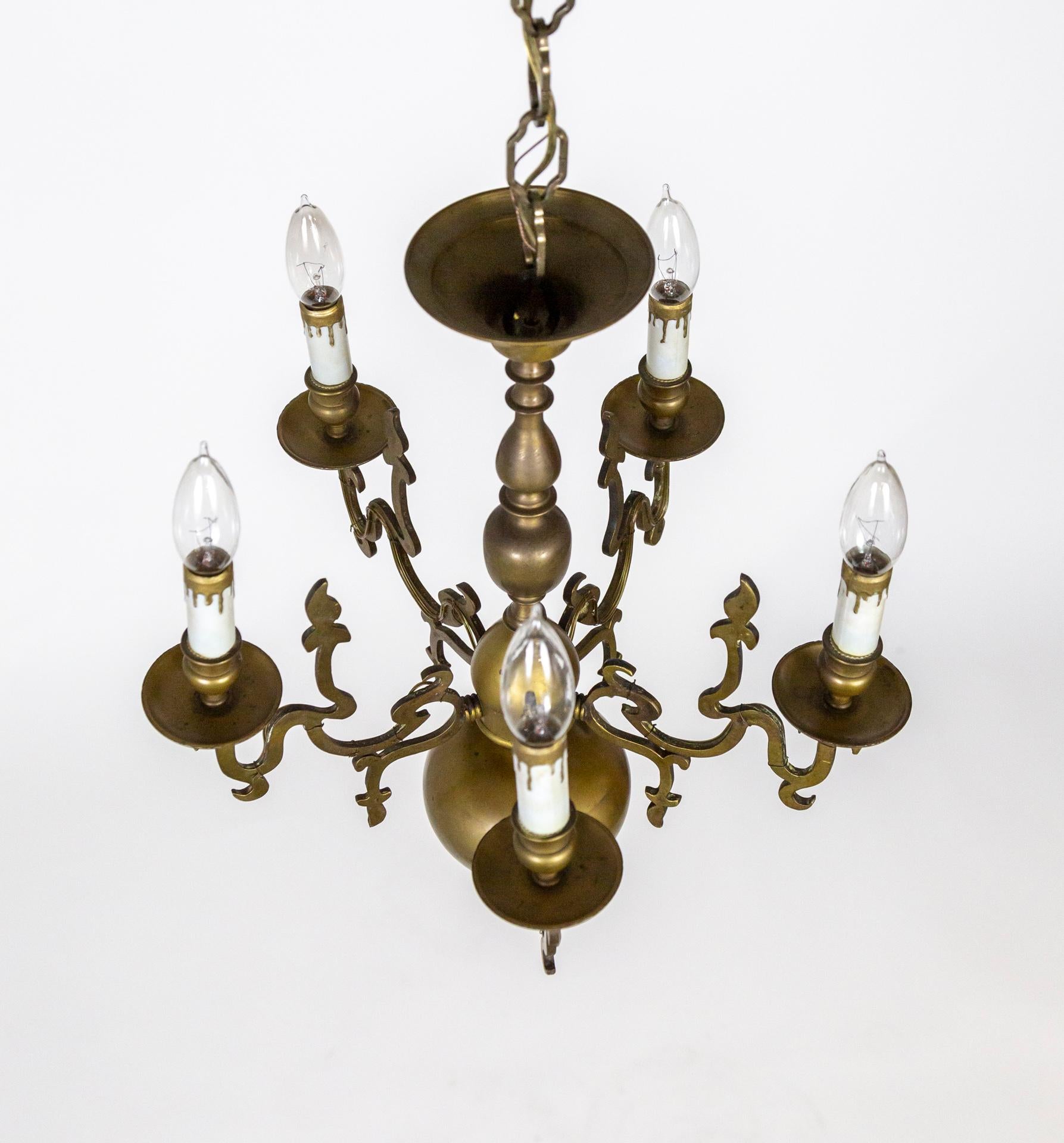 Dutch 19th Cent. 5-Light Brass Chandelier w/ Flame Detailing For Sale 1