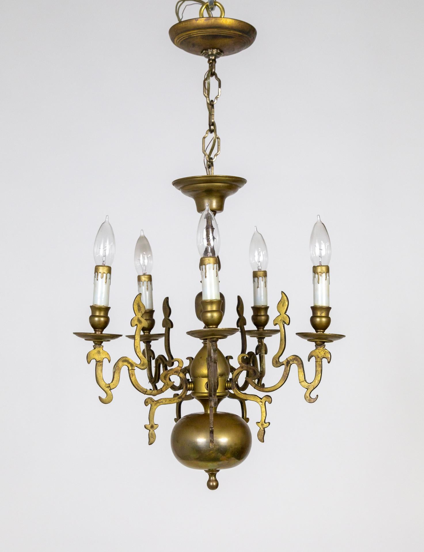 Dutch 19th Cent. 5-Light Brass Chandelier w/ Flame Detailing For Sale 2