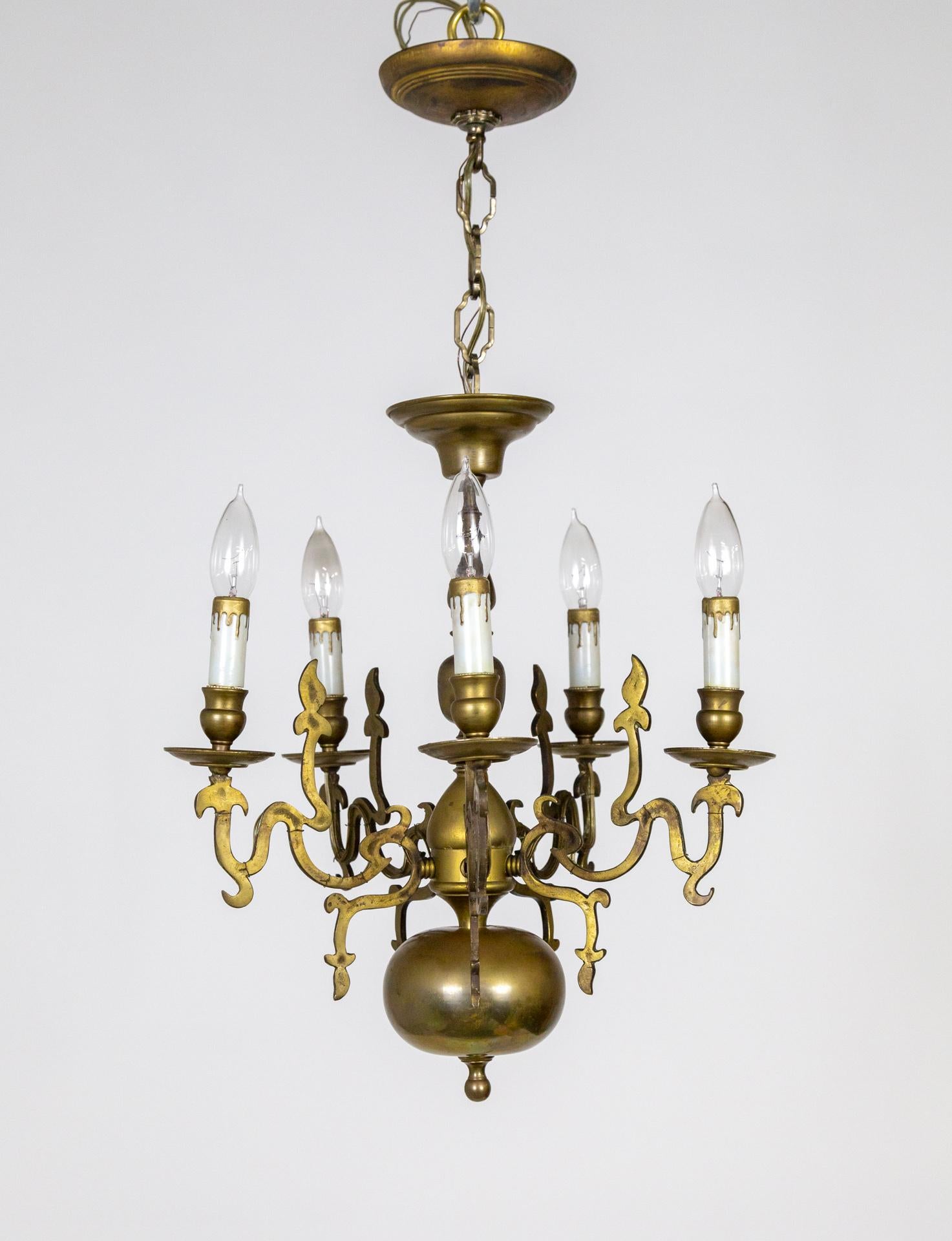 Dutch 19th Cent. 5-Light Brass Chandelier w/ Flame Detailing For Sale 2