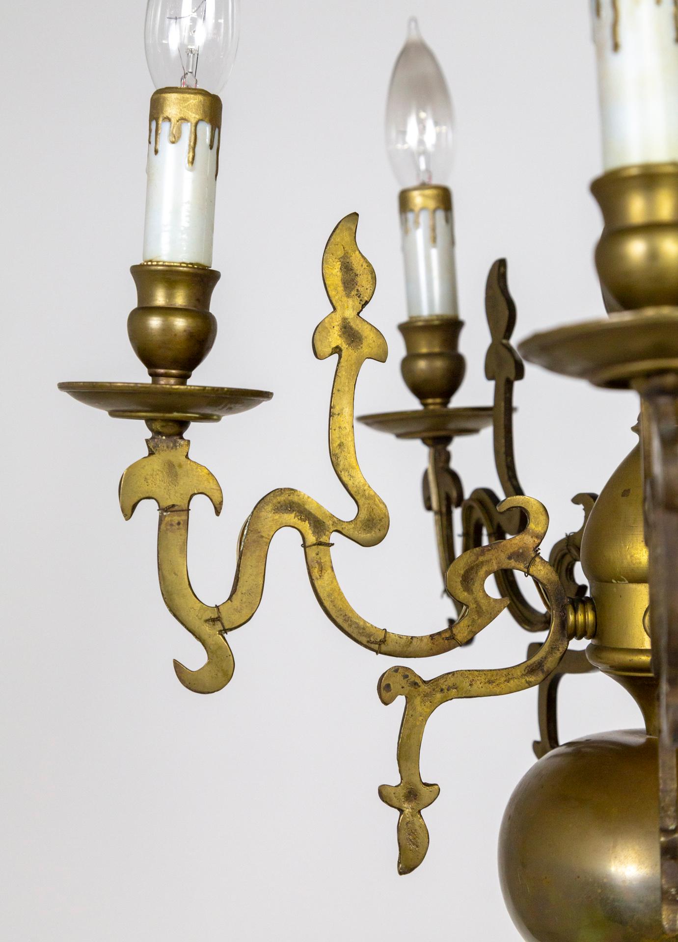 Dutch 19th Cent. 5-Light Brass Chandelier w/ Flame Detailing For Sale 3