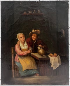 Antique 19th Century Dutch Interior Scene with Couple Seated Oil on Canvas