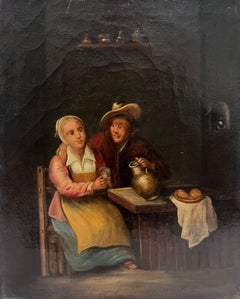 Antique 19th Century Dutch Interior Scene with Couple Seated Oil on Canvas