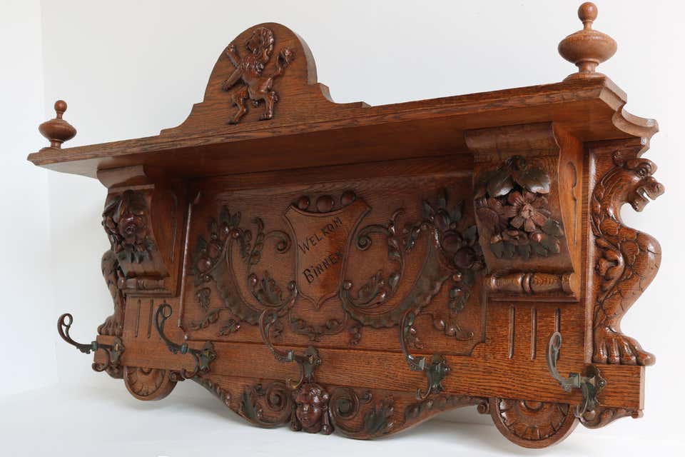 Old Hat Racks ANTIQUE DUTCH HEAVILY CARVED OAK COAT HAT SCARF WALL RACK HANGER LiON ...