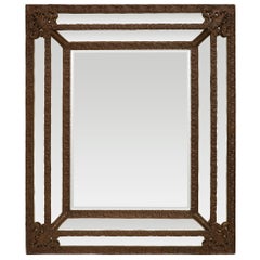 Antique Dutch 19th Century Baroque St. Patinated Pressed Metal Double Framed Mirror