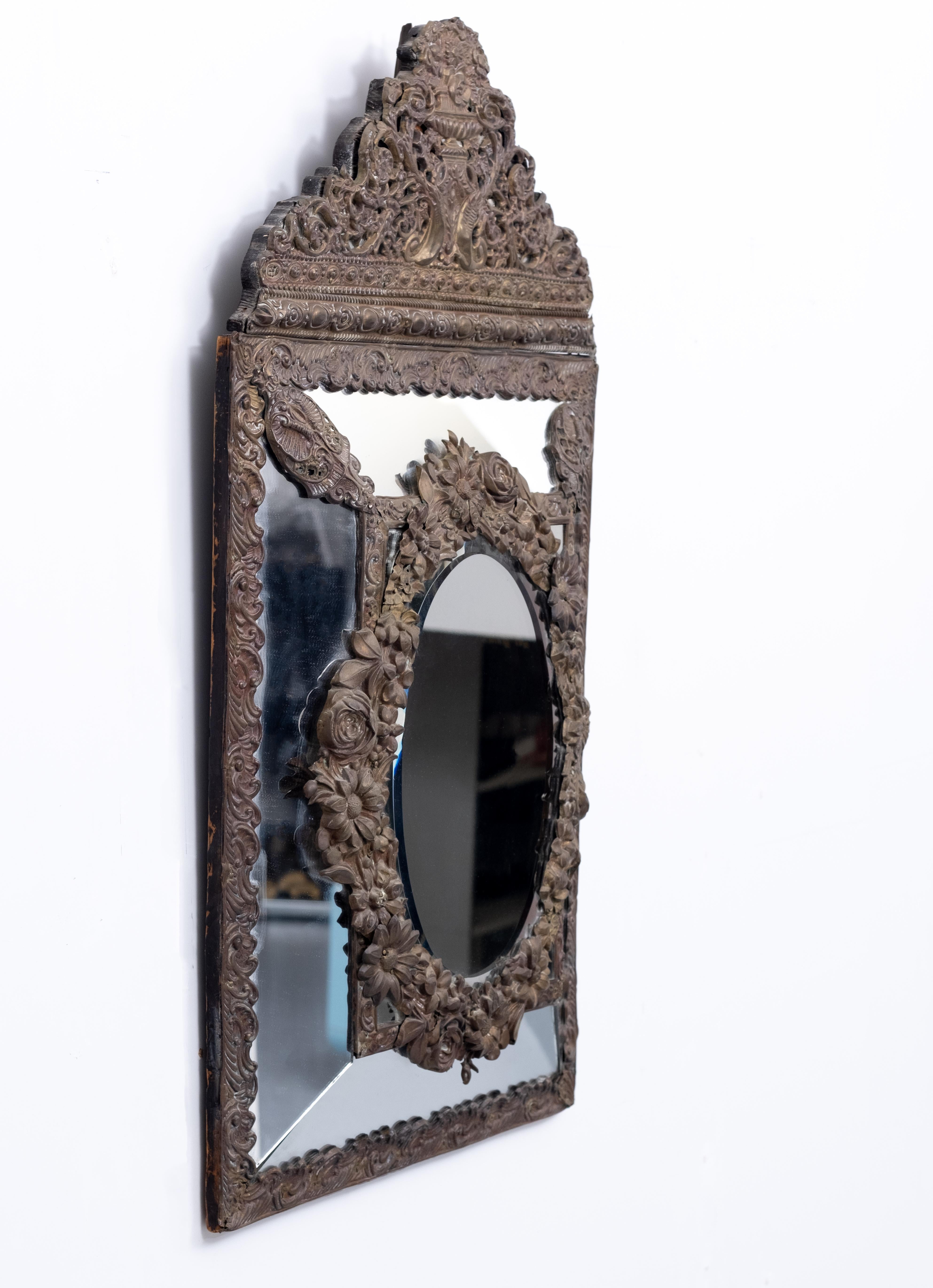 Rococo Dutch 19th Century Brass Repousse Cushion Mirror For Sale