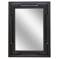 Antique Dutch 19th Century Hand-Carved Mirror with Grooved Effects and Dark Patina