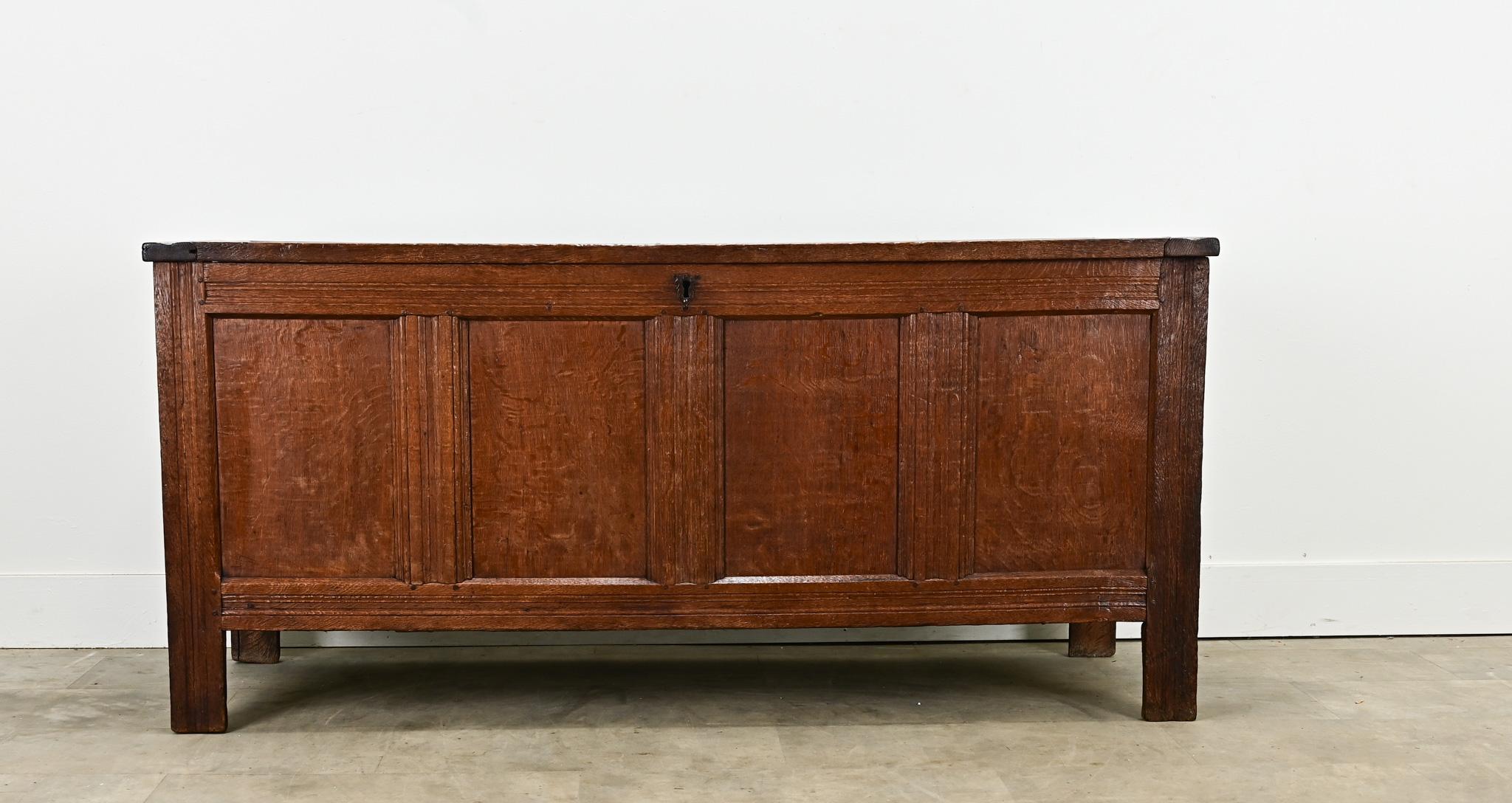 A solid oak paneled coffer from the Netherlands, circa 1800. This sturdy trunk has a paneled design on its top, facade, and side panels with a wonderful grain pattern and patina gained over time. The top opens on hand forged iron hinges to a wide