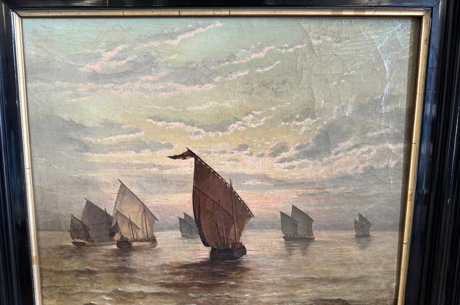 Eine sehr schöne späten 19. Jahrhundert niederländischen Öl auf Leinwand Gemälde von Ed. Jacobs in seinem ebonisierten Rahmen, der eine Marineszene mit vielen Segelschiffen zeigt. 
