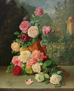 Large 19th Century Dutch Oil Floral Still Life Roses in Terracotta Vase Garden
