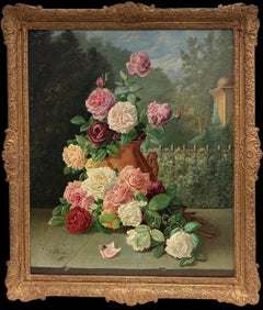 Large 19th Century Dutch Oil Floral Still Life Roses in Terracotta Vase Garden