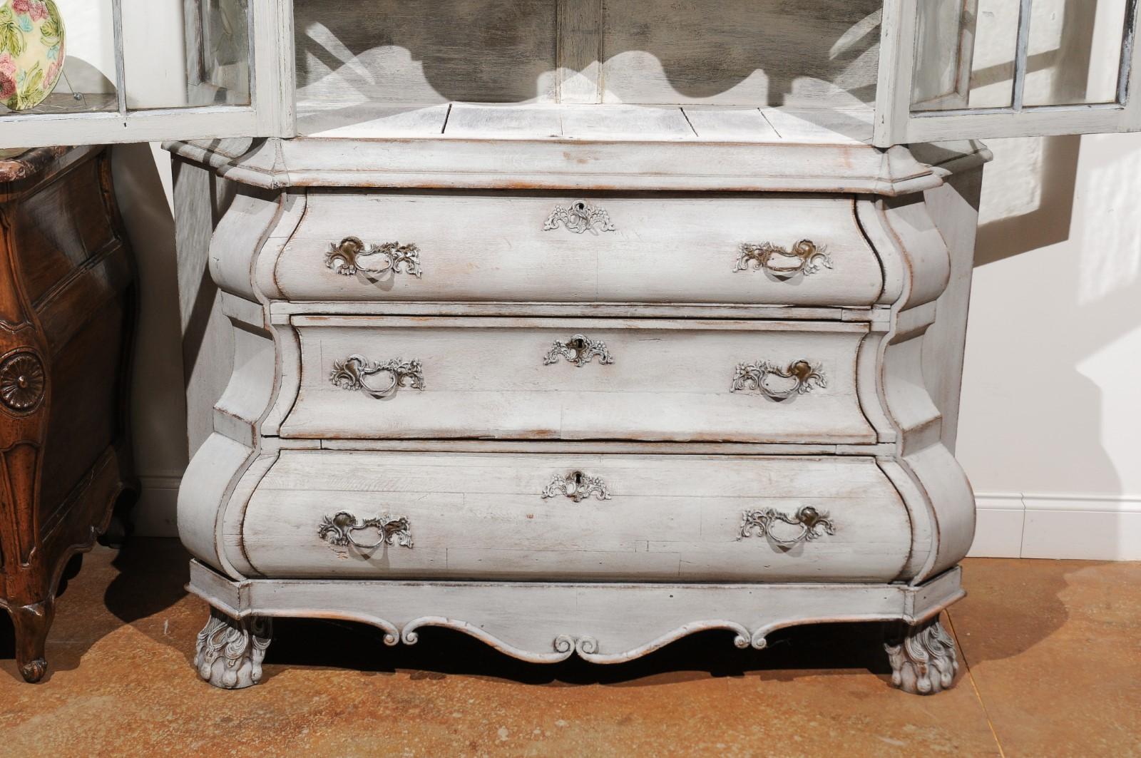 Carved Dutch 19th Century Rococo Style Painted Vitrine with Glass Doors and Bombé Chest