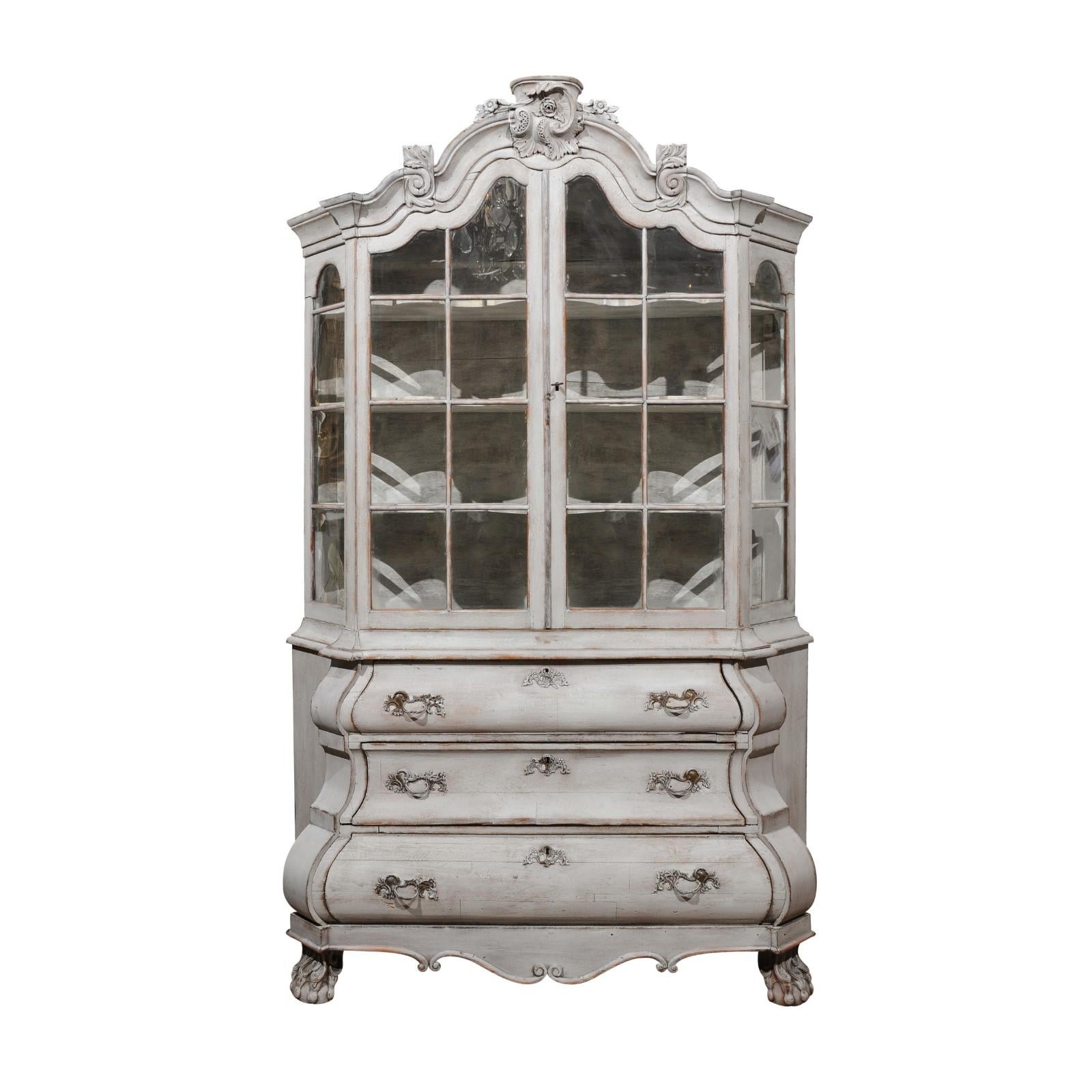 Dutch 19th Century Rococo Style Painted Vitrine with Glass Doors and Bombé Chest