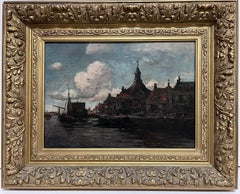 Antique Dutch 19th Century Oil Painting Fishing Harbour Town with Boats, signed
