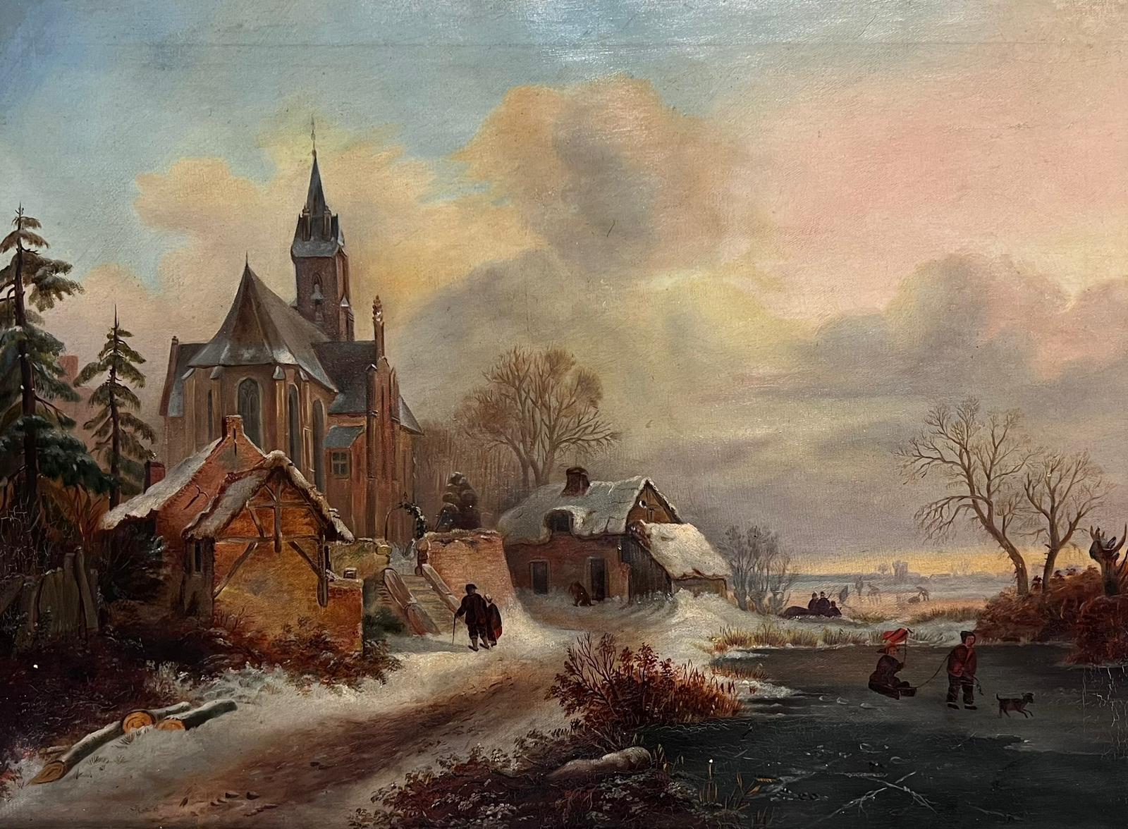 Figures in Winter Dutch Snow Landscape Large 19th Century Oil on Canvas Painting