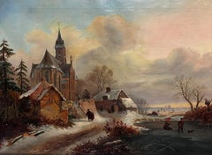Antique Figures in Winter Dutch Snow Landscape Large 19th Century Oil on Canvas Painting