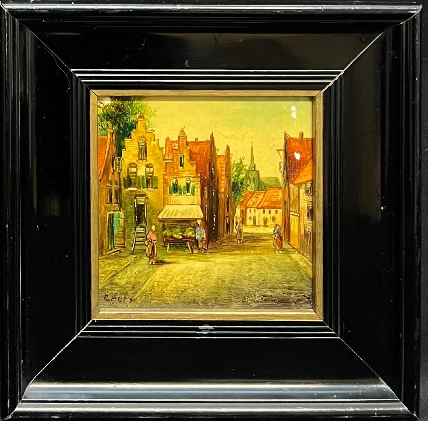PAIR 19th Century Dutch Signed Oil Paintings Figures in Old Streets - Black Figurative Painting by Dutch 19th century School