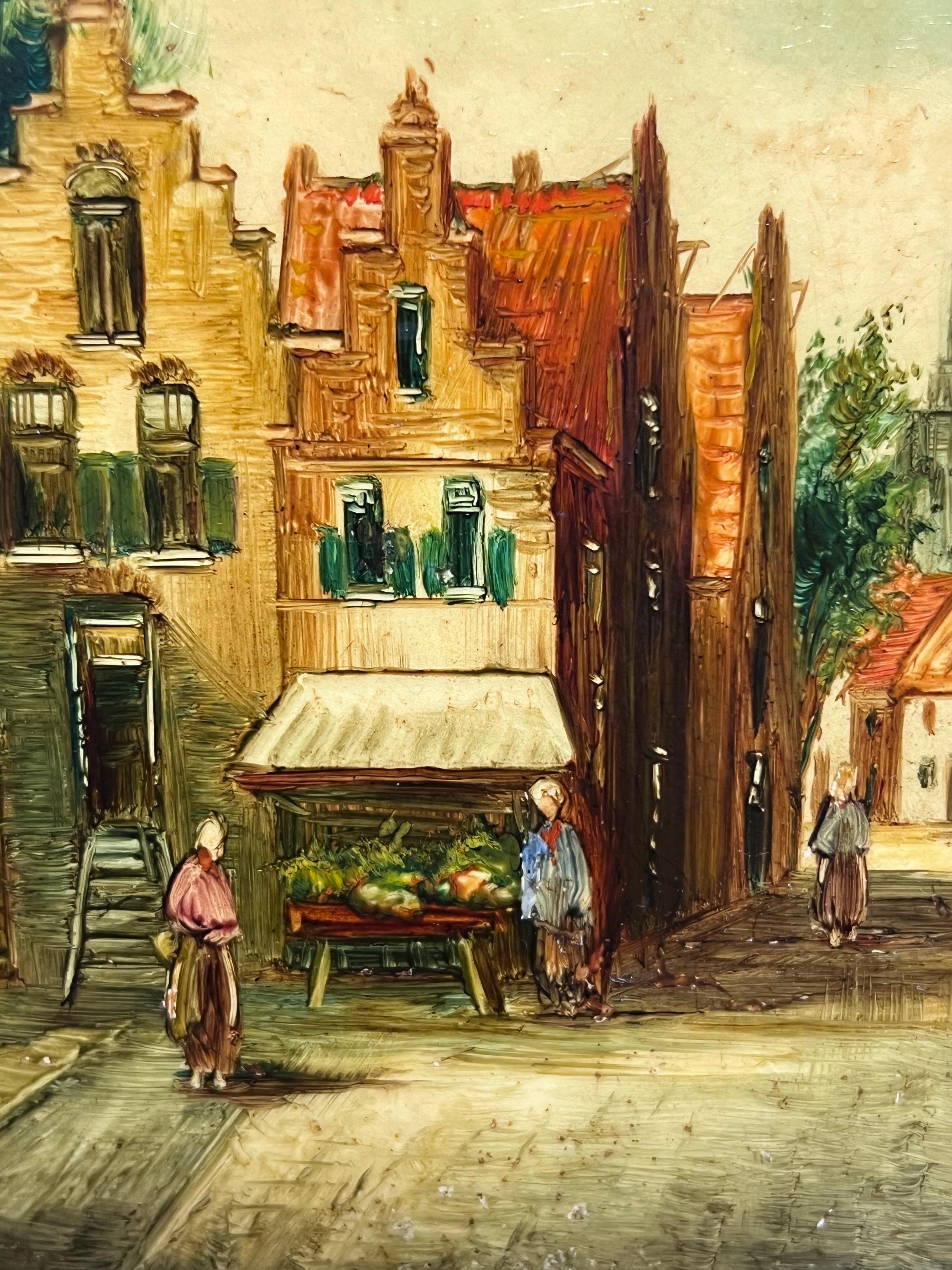 PAIR 19th Century Dutch Signed Oil Paintings Figures in Old Streets For Sale 1