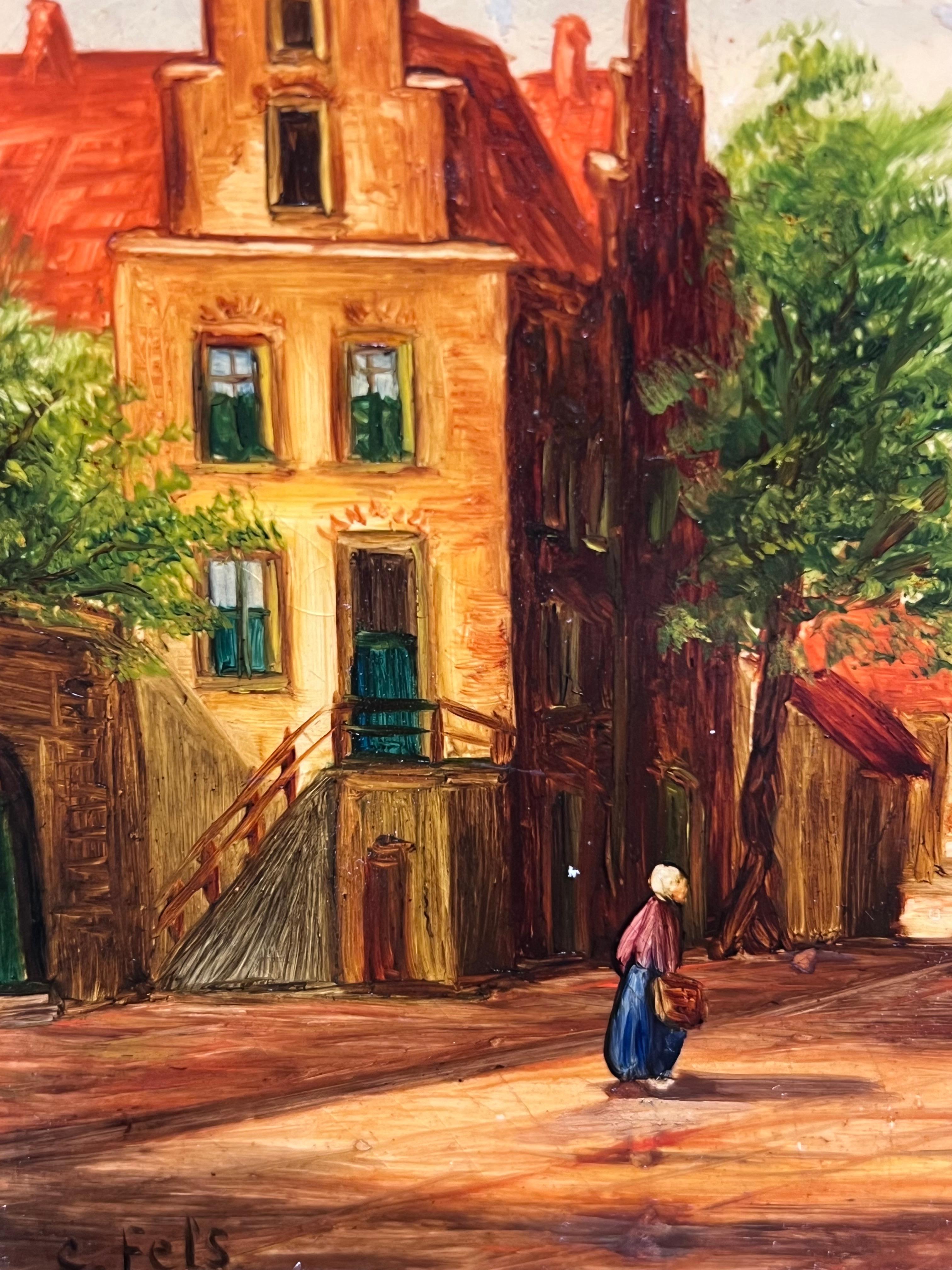 PAIR 19th Century Dutch Signed Oil Paintings Figures in Old Streets For Sale 3