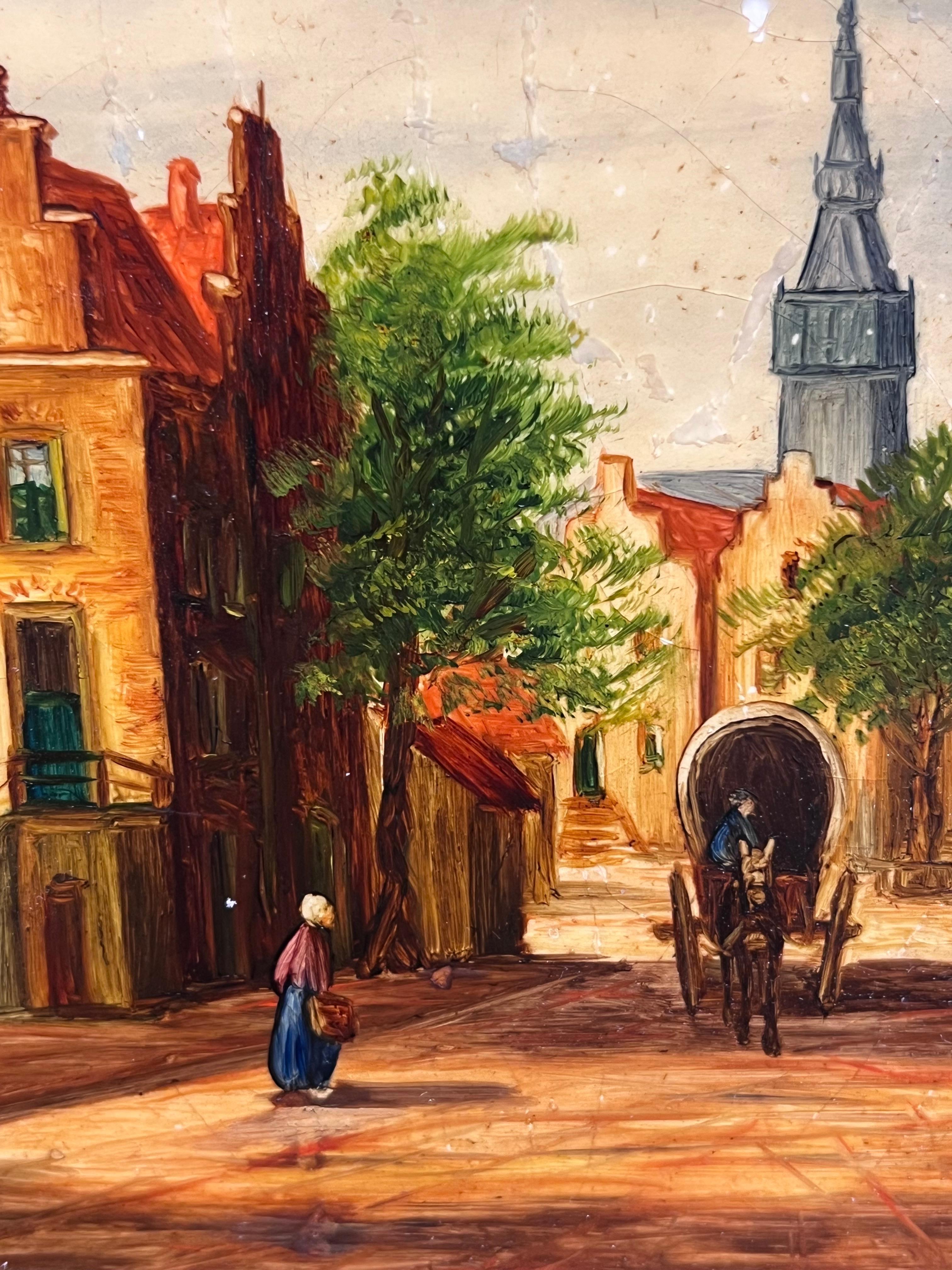 PAIR 19th Century Dutch Signed Oil Paintings Figures in Old Streets For Sale 4
