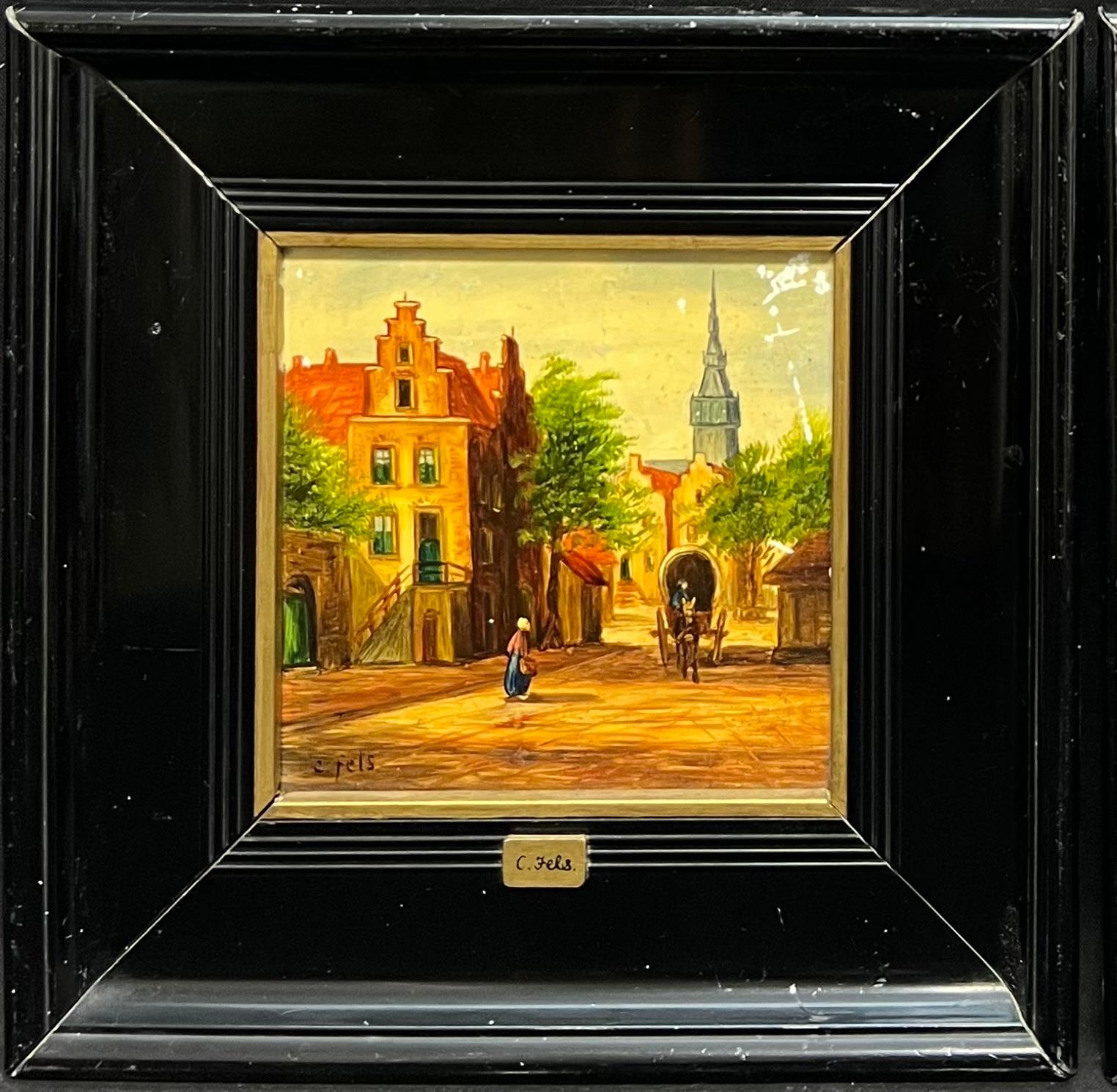 PAIR 19th Century Dutch Signed Oil Paintings Figures in Old Streets For Sale 5
