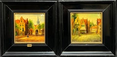 PAIR 19th Century Dutch Signed Oil Paintings Figures in Old Streets