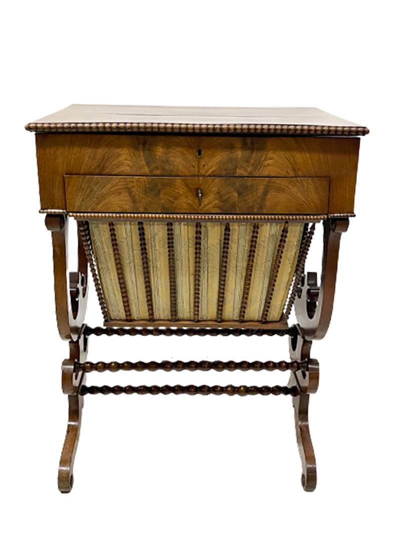 Dutch 19th century sewing table, Biedermeijer, ca 1860-1880. 

A Mahogany sewing table with interior and wool drawer. Netherlands, Biedermeier.
The wool drawer can be opened slidably and covered with fabric. The original spool holders are present