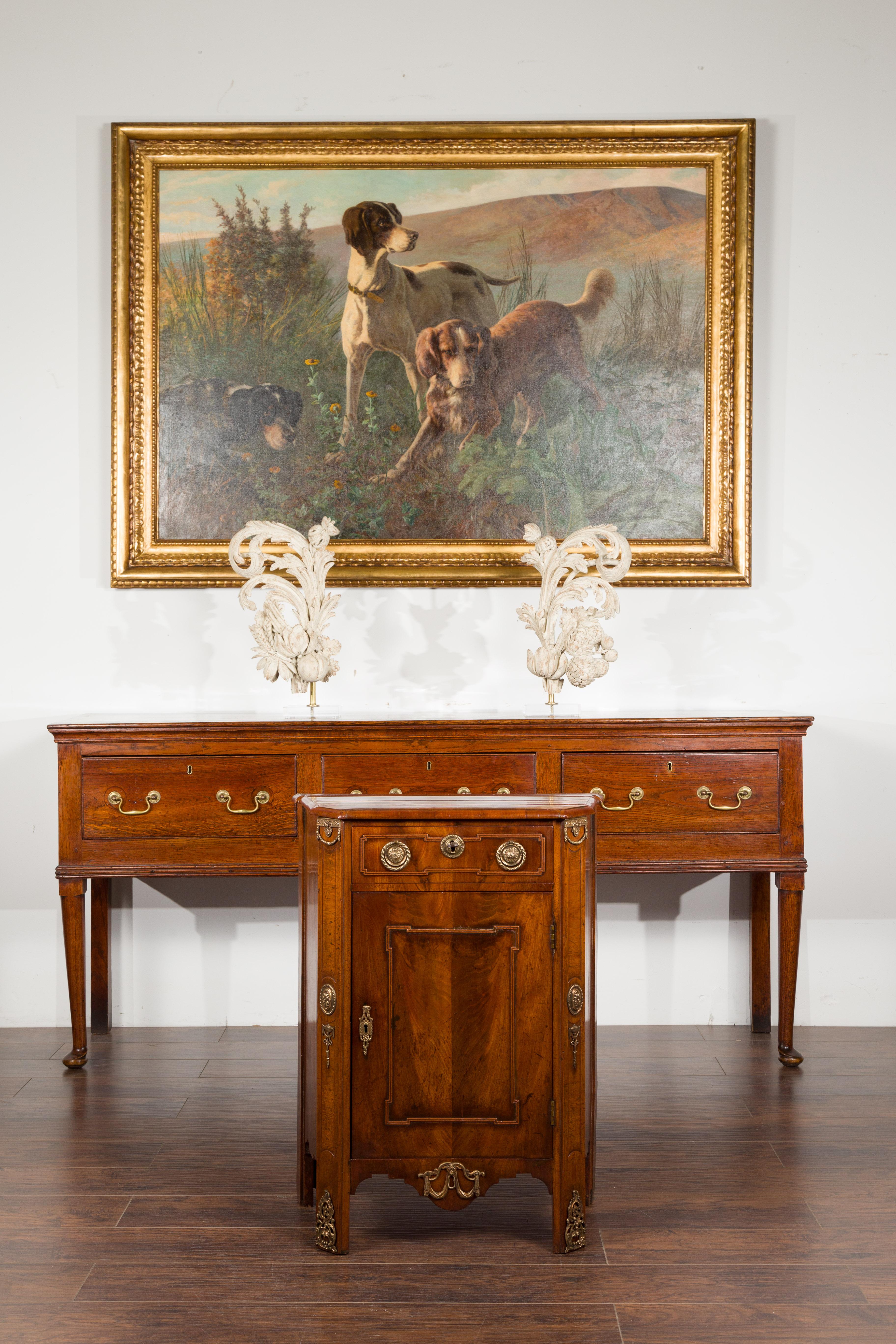 Veneer Dutch 19th Century Walnut Bedside Cabinet with Drawer, Door and Bronze Mounts For Sale