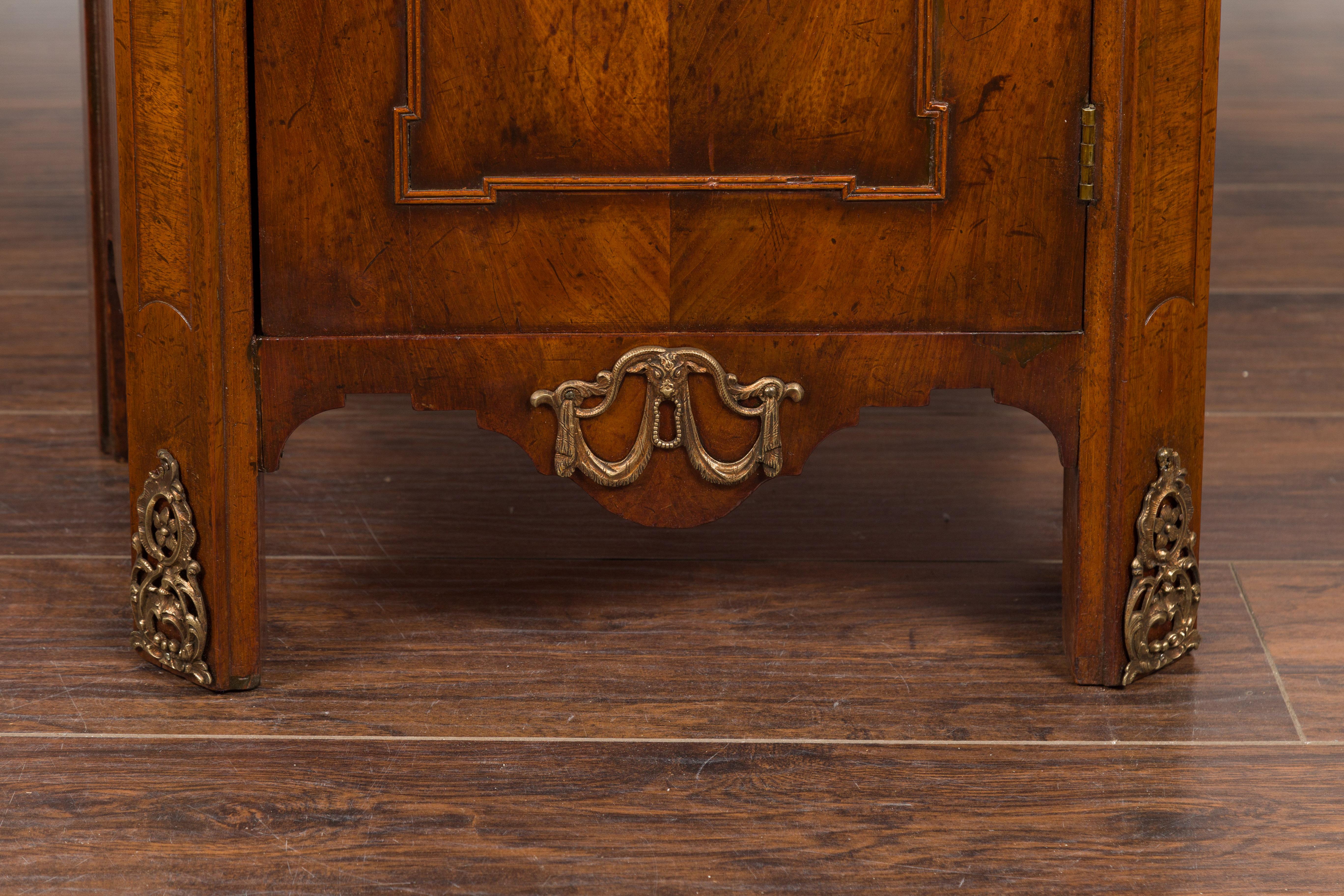 Dutch 19th Century Walnut Bedside Cabinet with Drawer, Door and Bronze Mounts For Sale 1