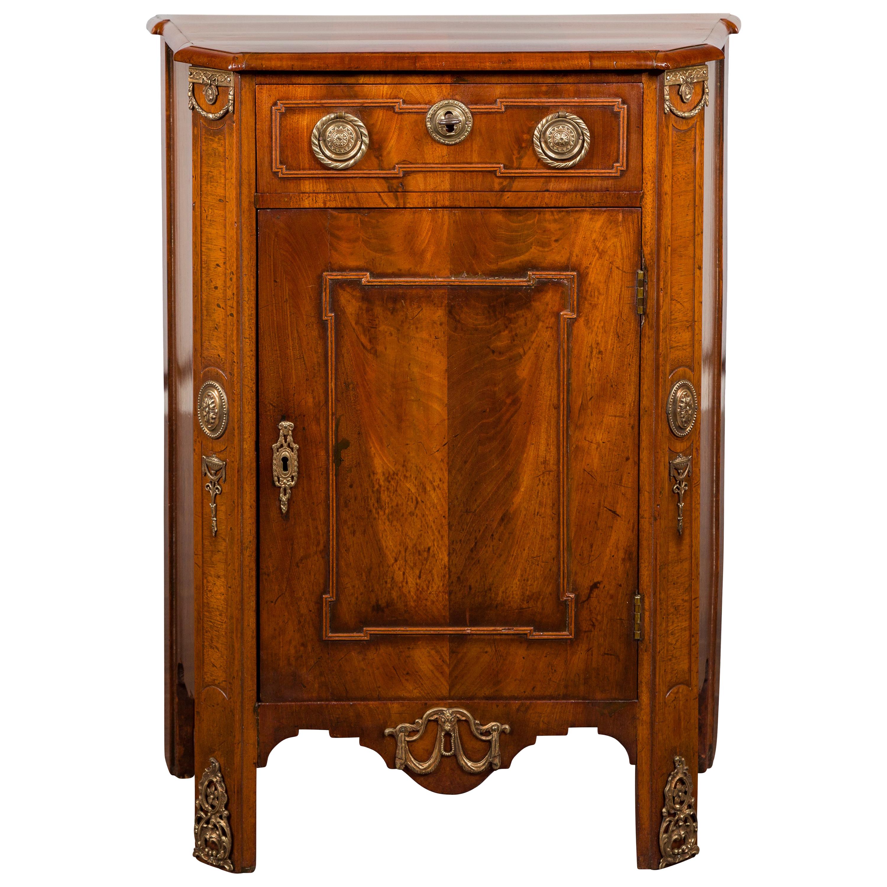 Dutch 19th Century Walnut Bedside Cabinet with Drawer, Door and Bronze Mounts
