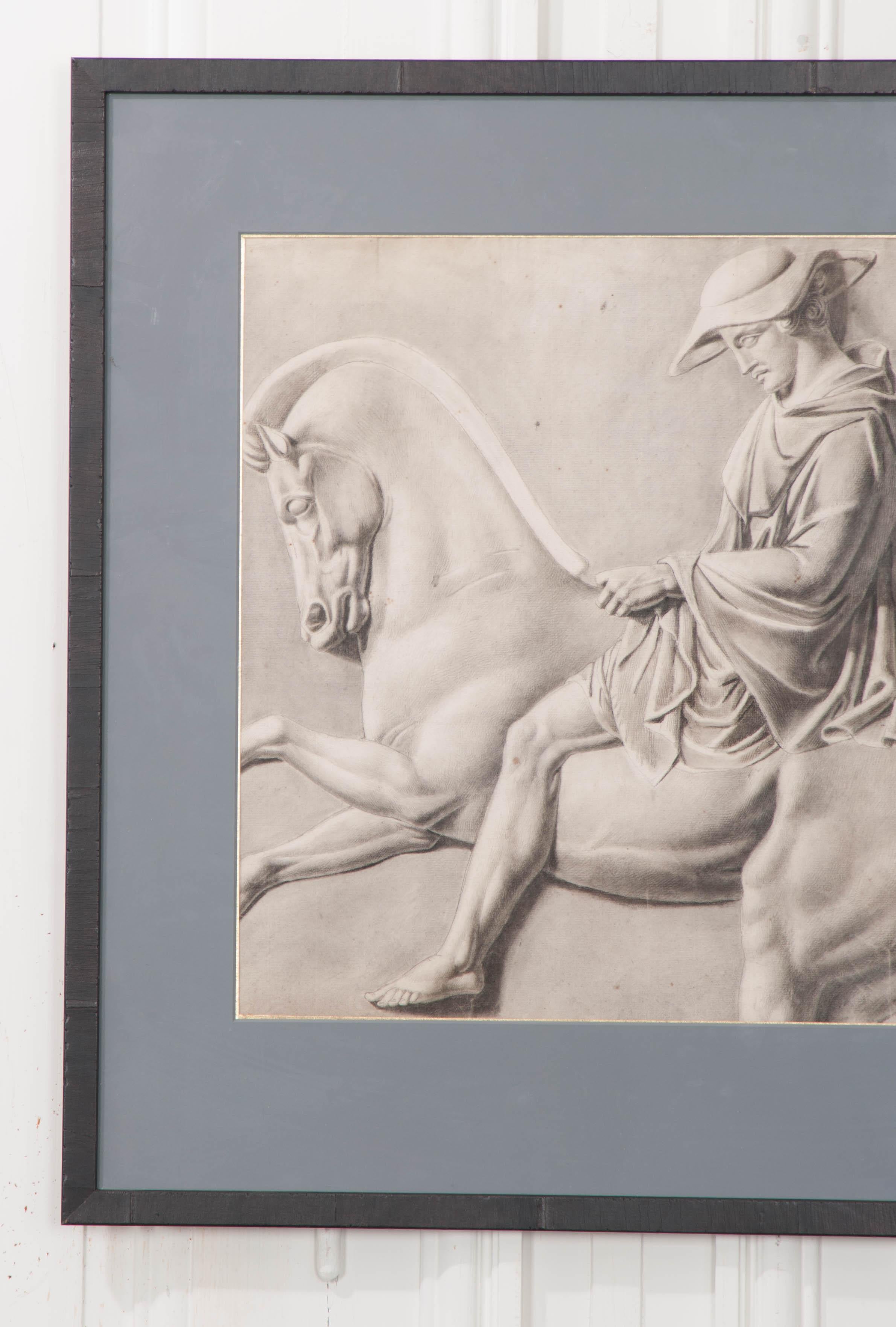 This well-executed charcoal drawing, circa 1940s, is a study of a marble monument, likely by an art student. It is presented in a grey mat with gold foil liner and ebonized frame.