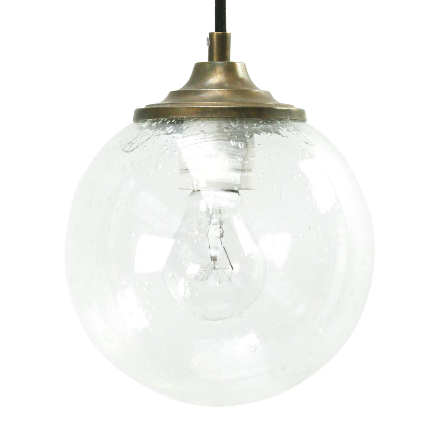 Original vintage air bubble glass pendant
2 meter black cotton flex
brass top

Weight: 0.70 kg / 1.5 lb

Priced per individual item. All lamps have been made suitable by international standards for incandescent light bulbs, energy-efficient