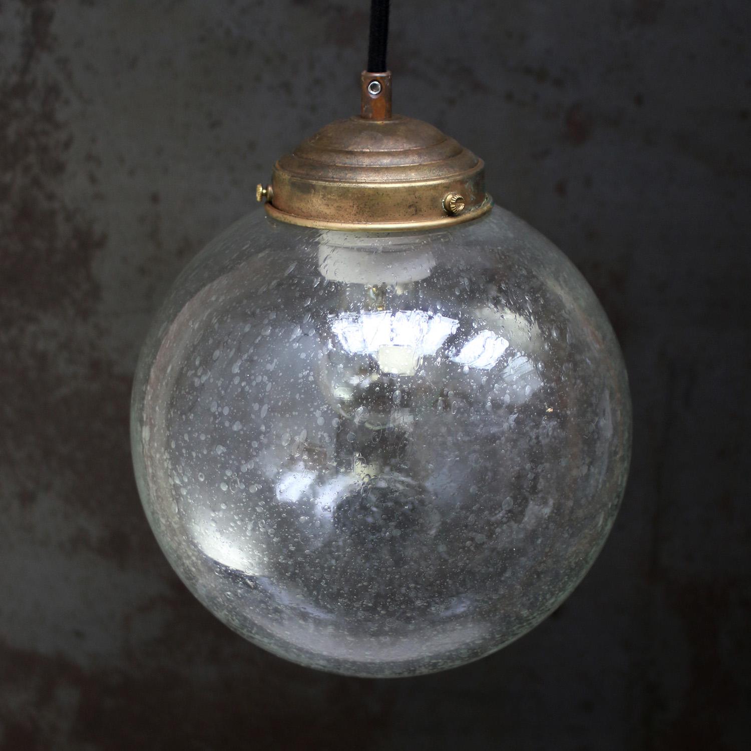20th Century Dutch Air Bubble Glass Globe Brass Top Pendant Lights For Sale